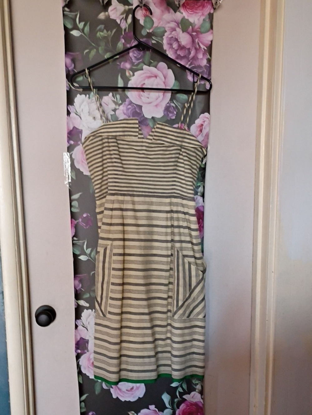 Maeve For Anthropologie Linen Grey and Cream Striped Shift Dress SZ 8